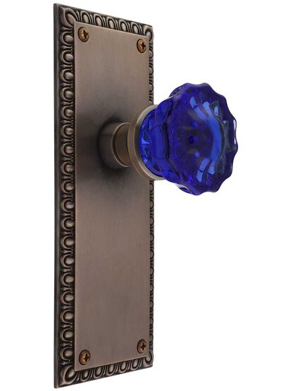 Ovolo Door Set with Colored Fluted Crystal Glass Knobs in Antique-by-Hand, , Cobalt Blue Crystal.